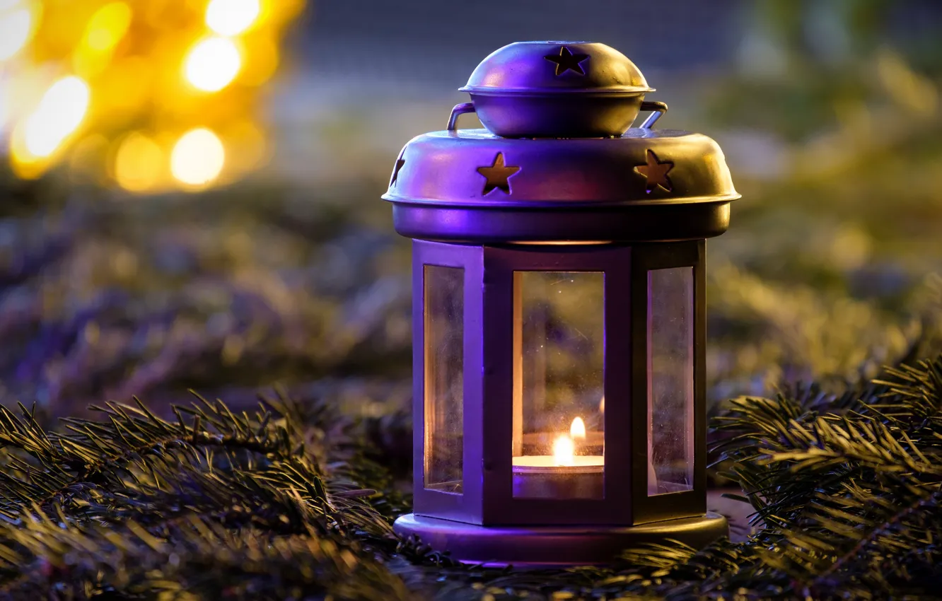 Фото обои зима, фиолетовый, свет, ветки, огни, сиреневый, праздник, свеча