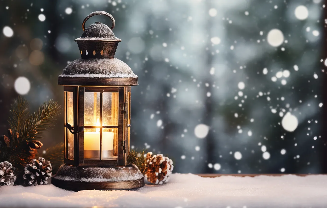 Фото обои зима, снег, ночь, новый год, Рождество, фонари, Christmas, night