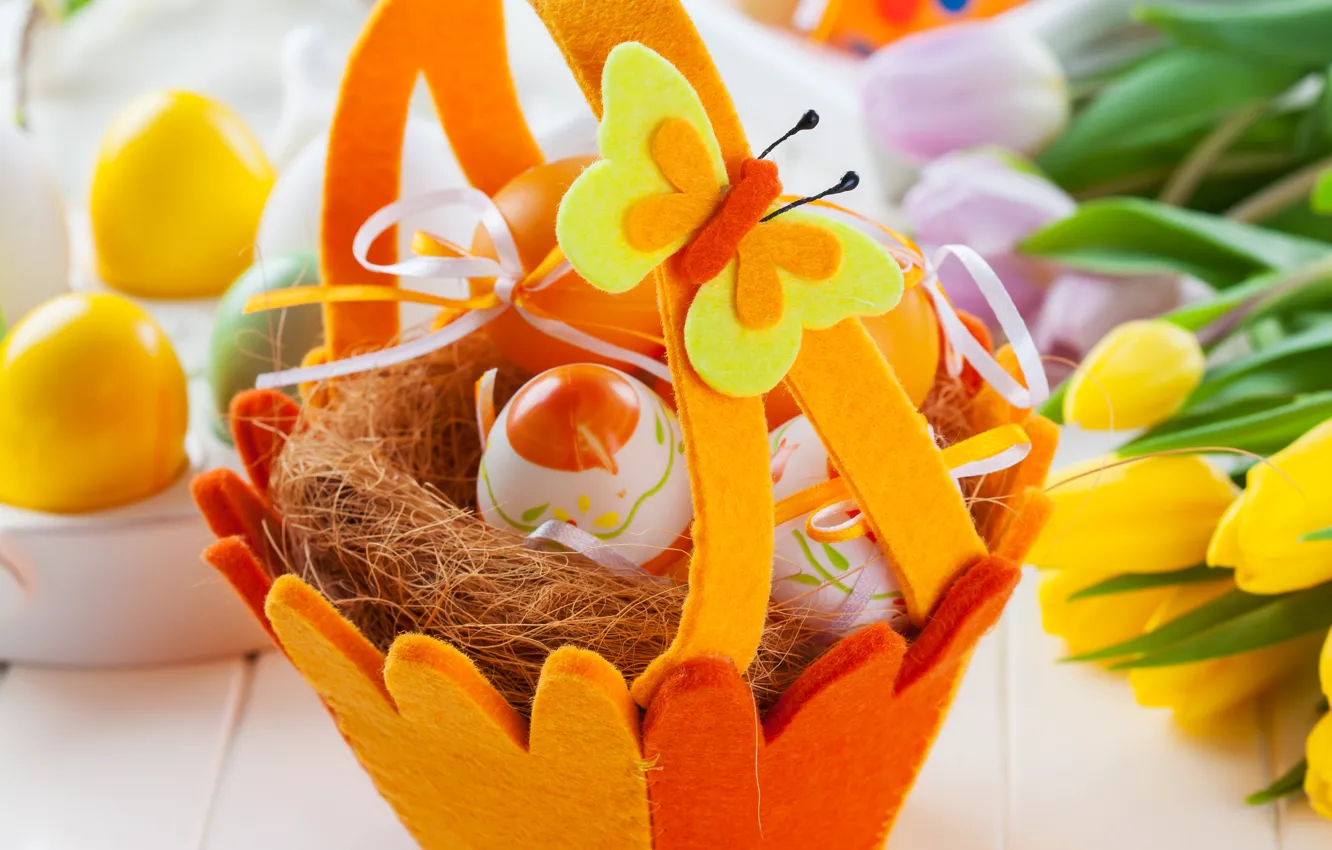 Фото обои корзина, яйца, colorful, пасха, flowers, tulips, eggs, easter