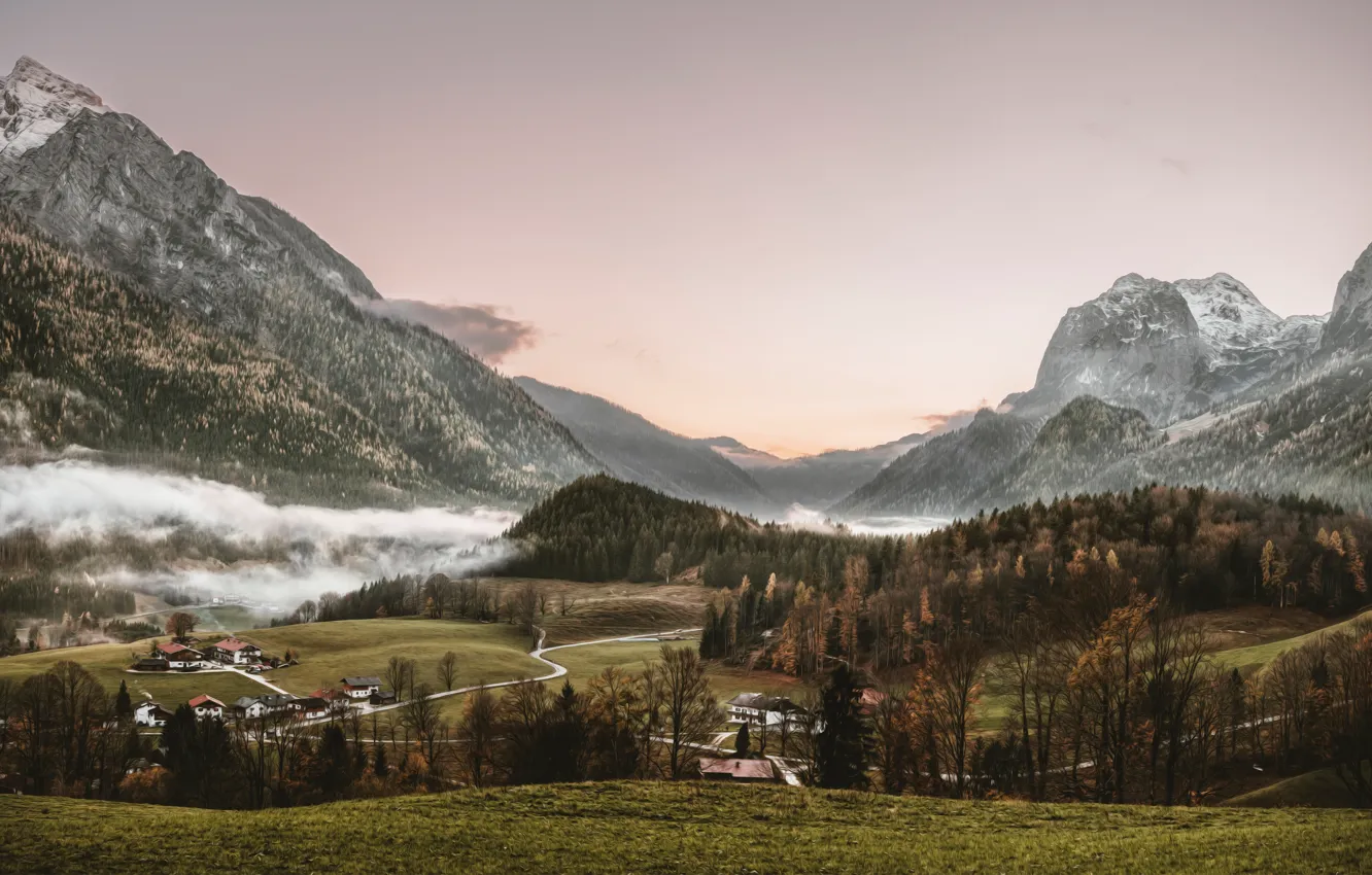 Фото обои Природа, Вечер, Горы, Туман, Гора, Деревня, Пейзаж, Nature