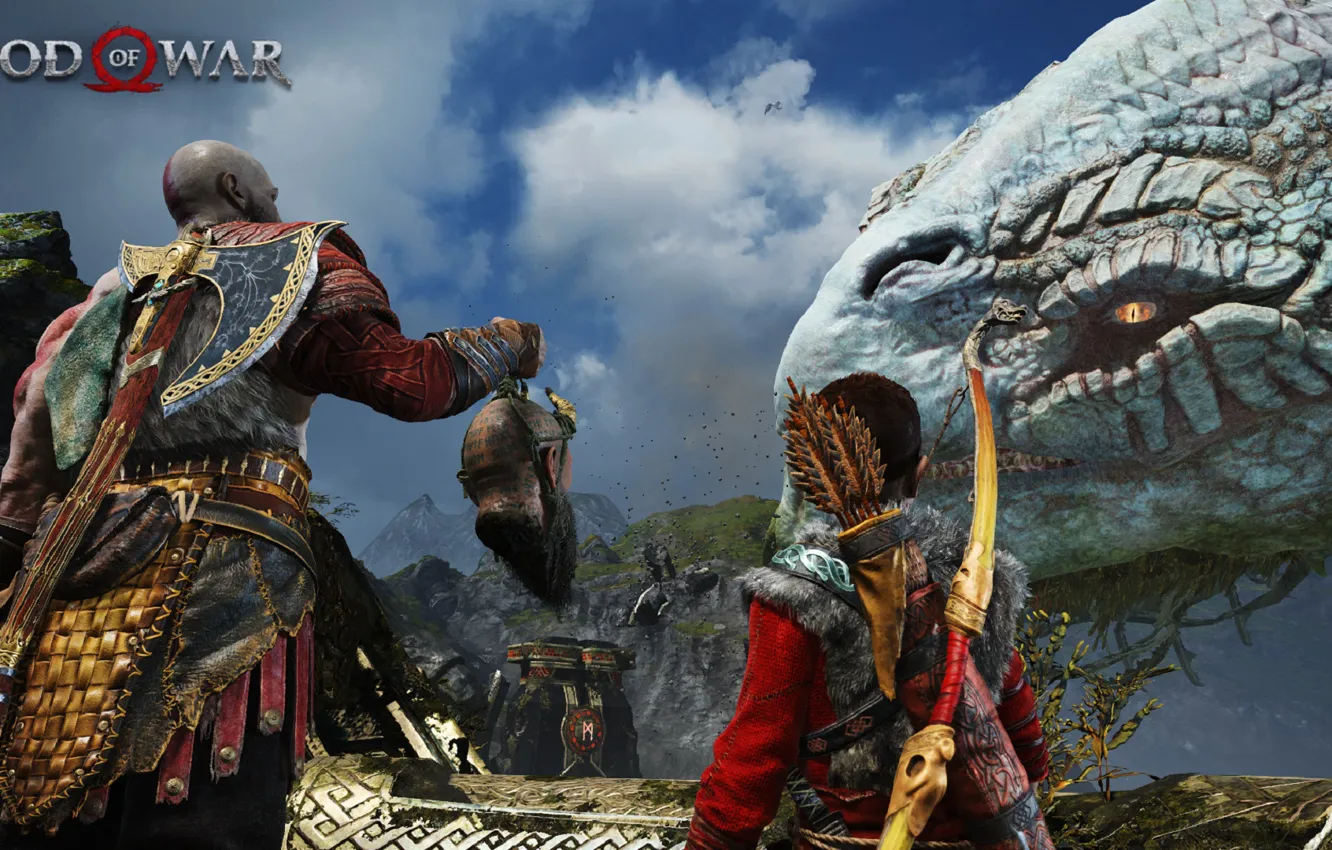 Фото обои дракон, голова, мальчик, воин, God of War