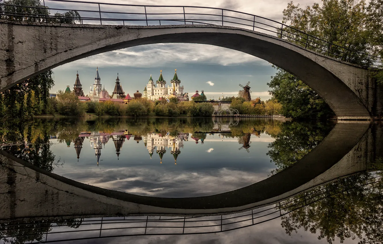 Фото обои мост, отражение, река, храм