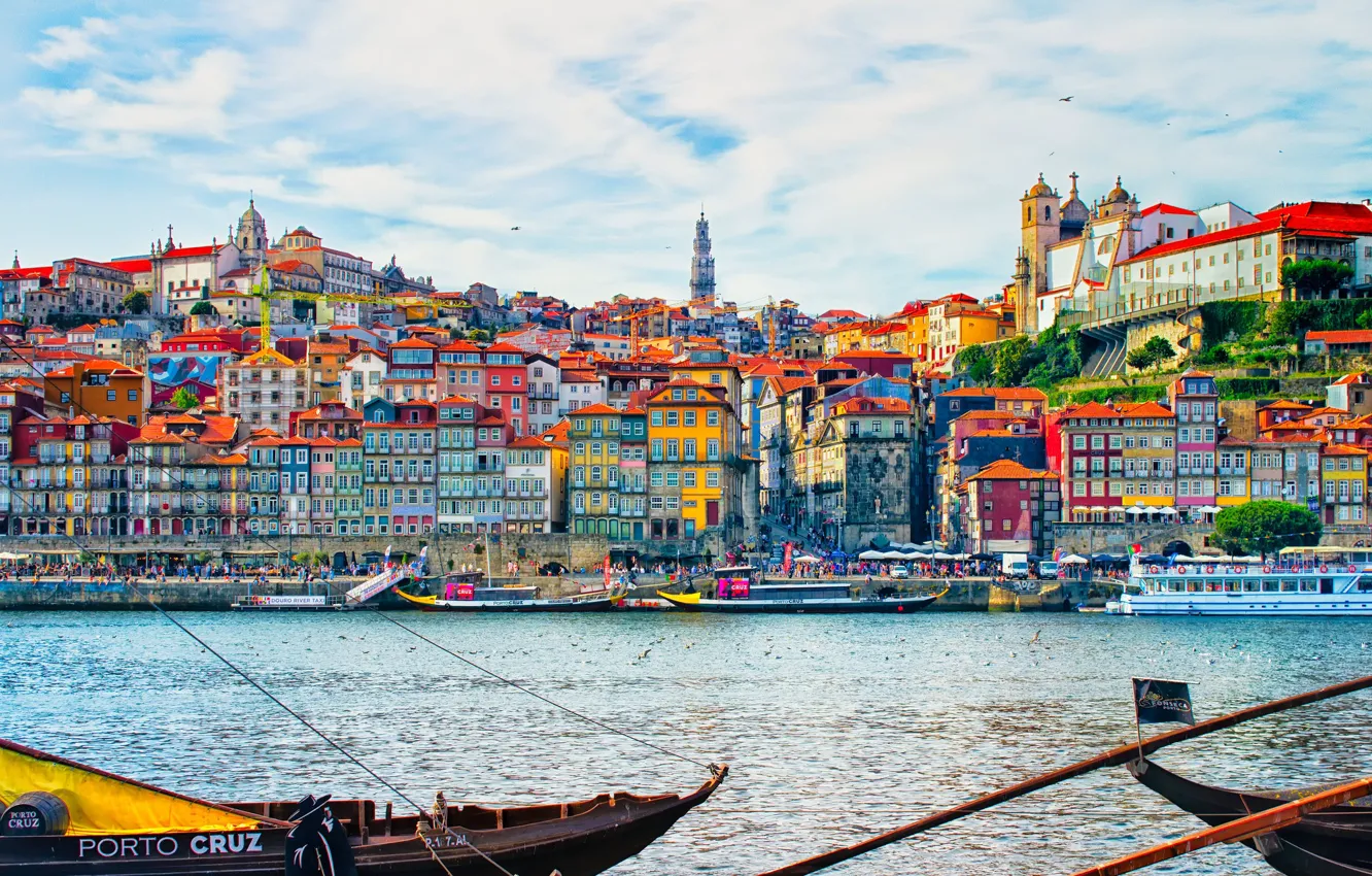 Фото обои река, здания, дома, лодки, Португалия, Portugal, Porto, Порту