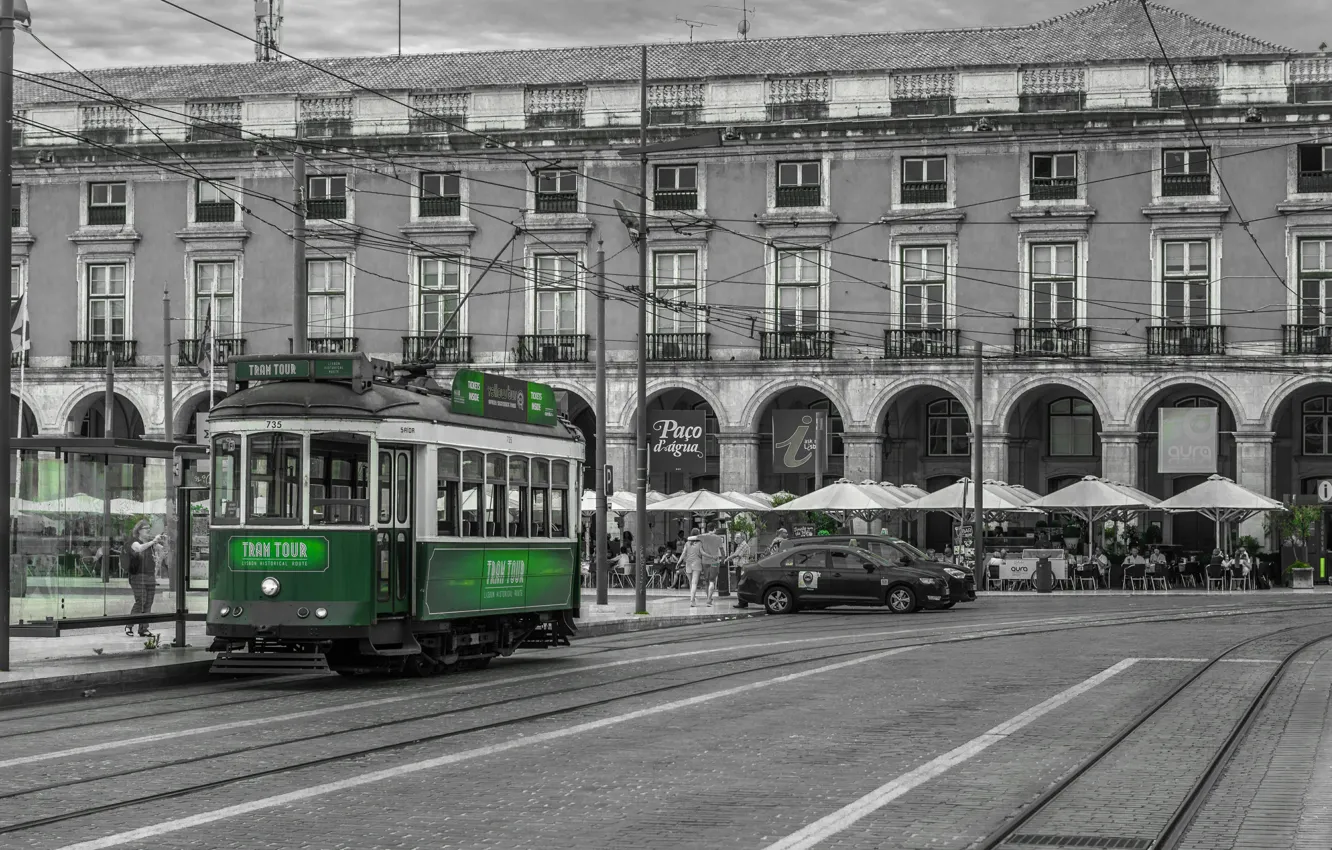 Фото обои Улица, Трамвай, Португалия, Street, Лиссабон, Portugal, Lisbon, Tram