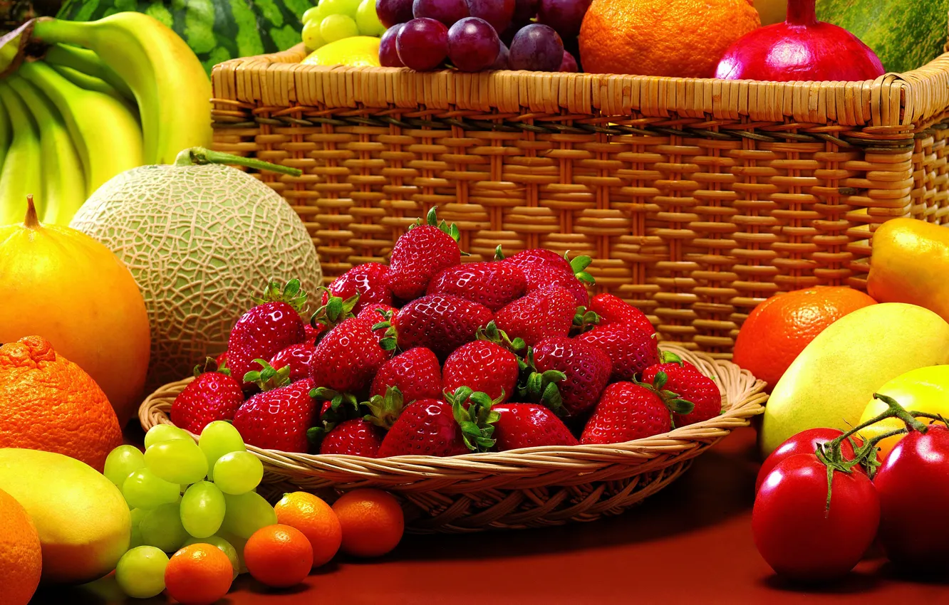 Фото обои ягоды, арбуз, клубника, виноград, бананы, фрукты, натюрморт, овощи