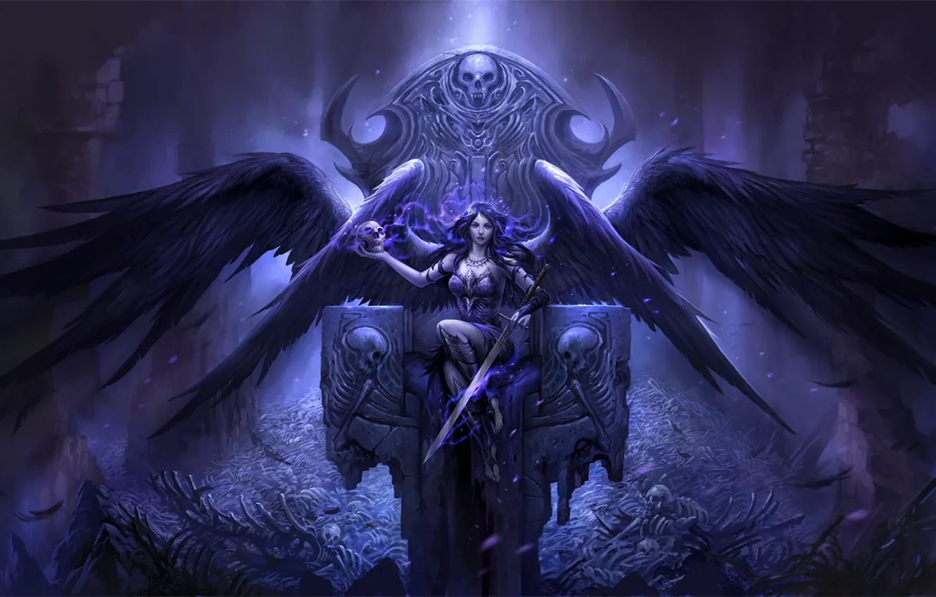 Фото обои девушка, сияние, смерть, череп, крылья, ангел, меч, перья
