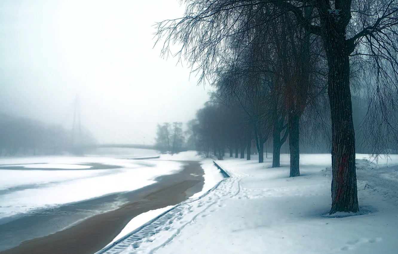Фото обои зима, снег, природа, город, туман, река