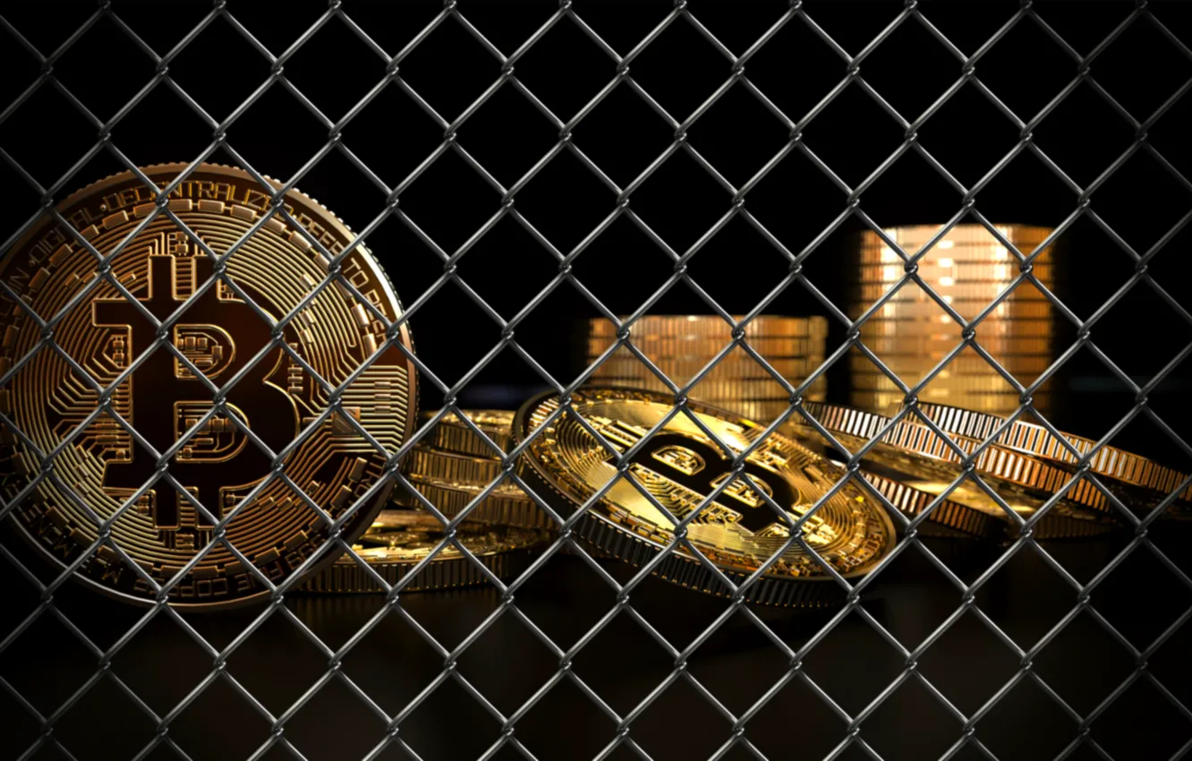 Фото обои сетка, grid, ban, coins, bitcoin, биткоин, btc