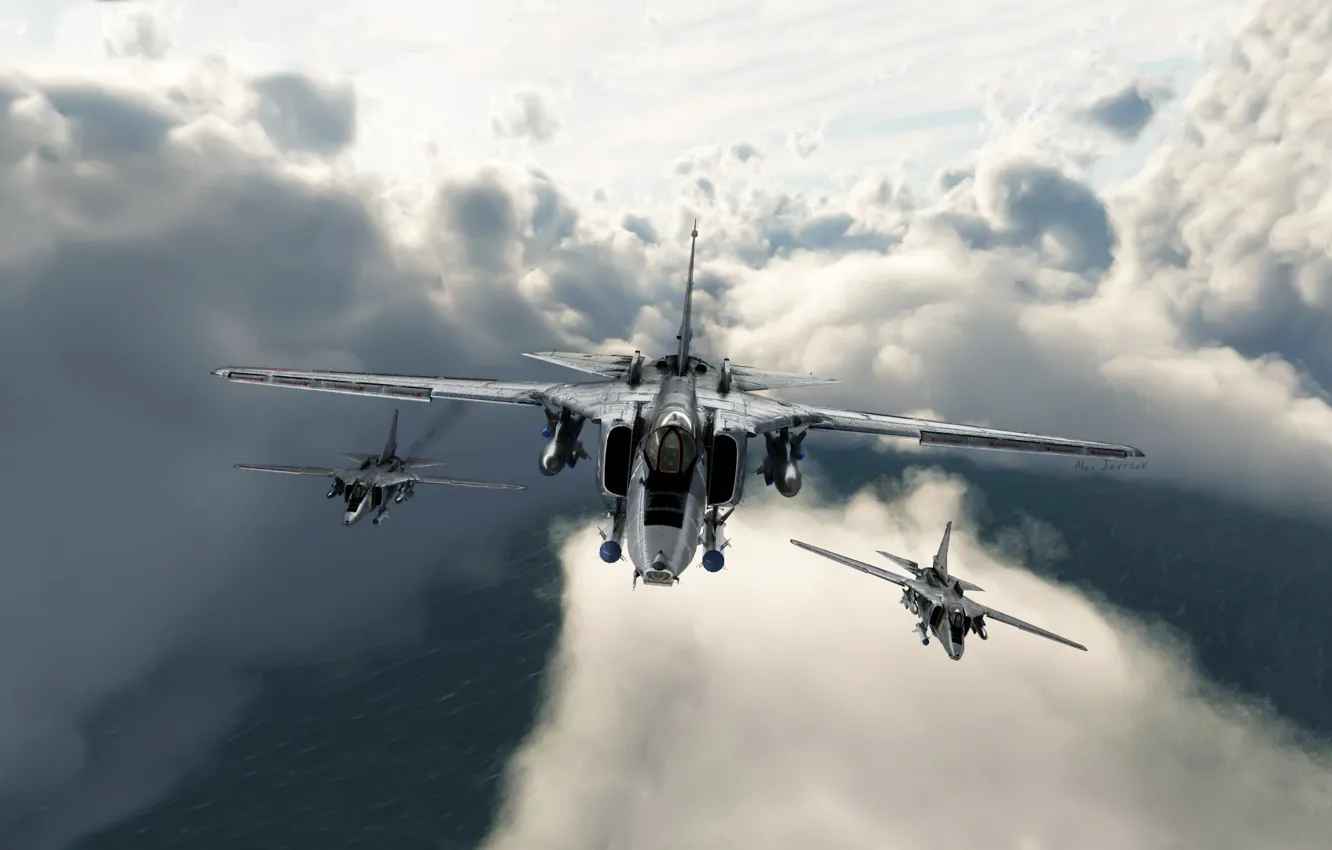 Фото обои Небо, Облака, Полет, Истребитель, Три, MiG, МиГ, Бомбардировщик
