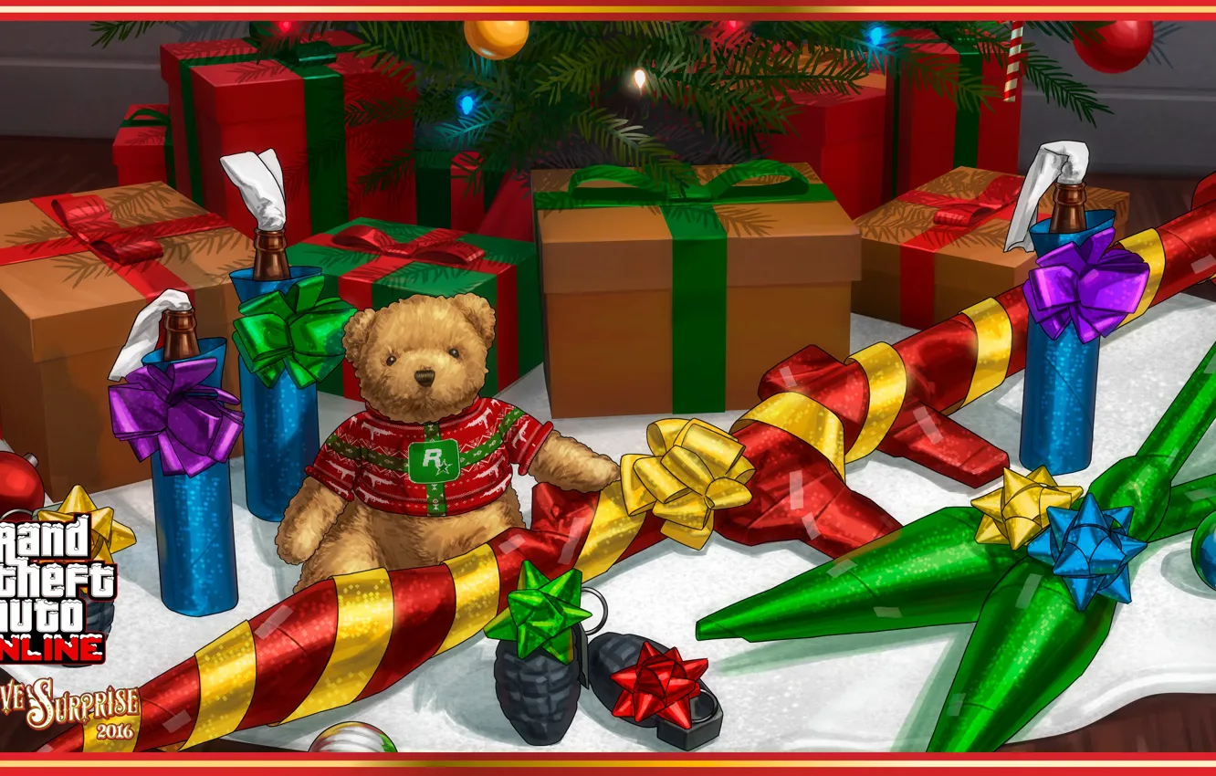 Фото обои gun, game, bear, weapon, GTA, teddy bear, christmas tree, gifts