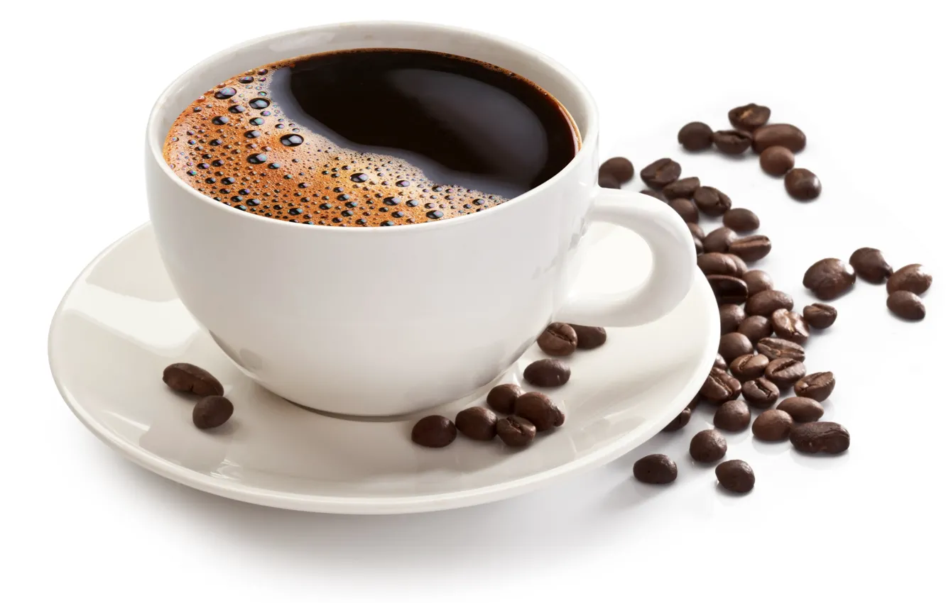 Фото обои кофе, чашка, белый фон, блюдце, зёрна