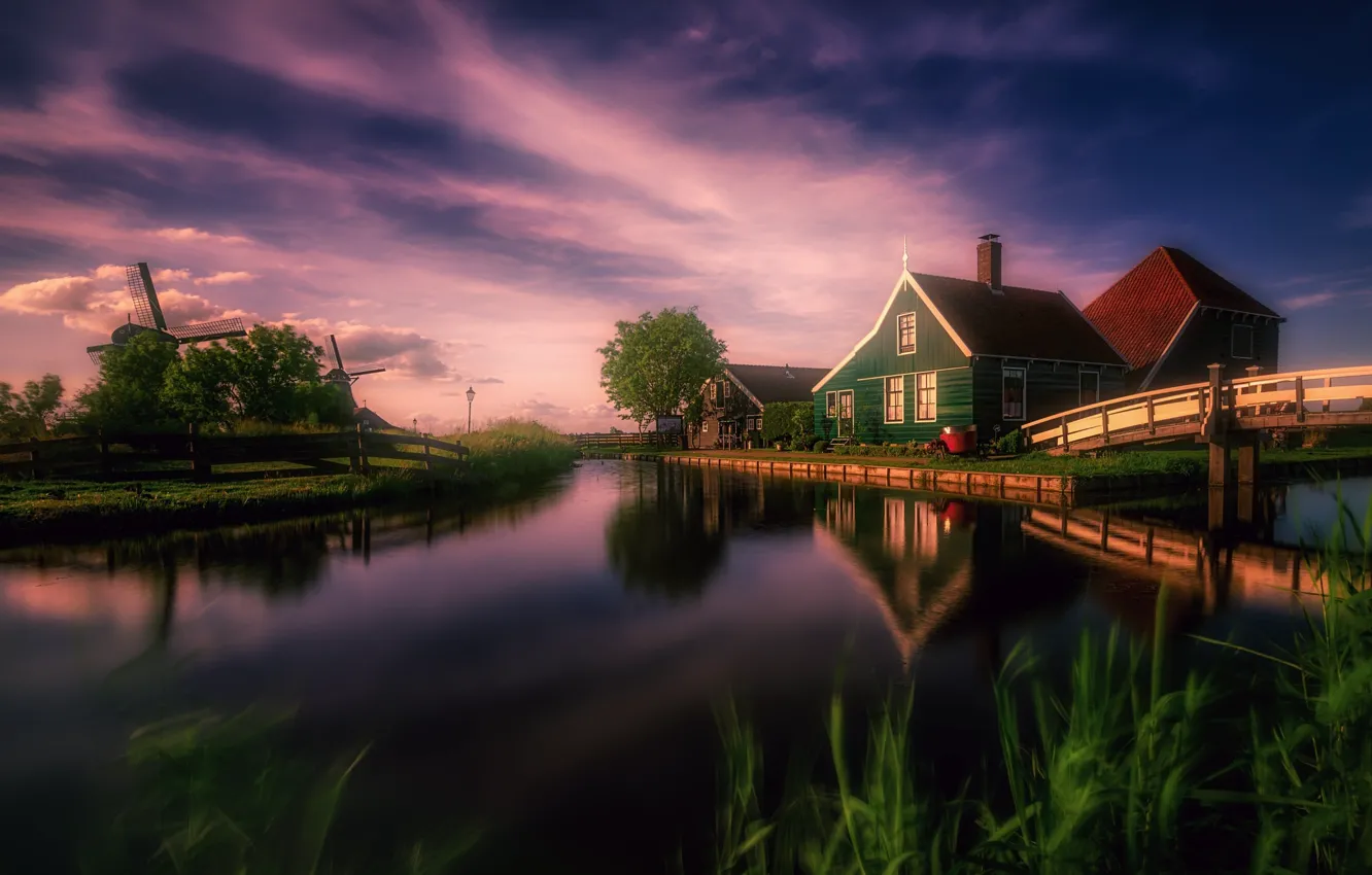 Фото обои дома, канал, мельницы, Нидерланды, мостик, Голландия, Zaanse Schans