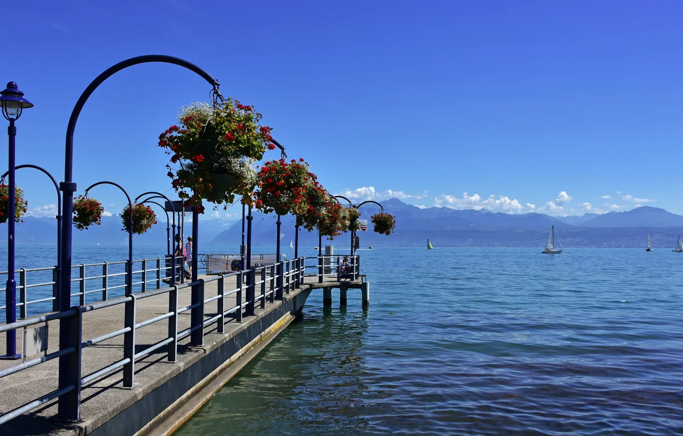 Фото обои озеро, пристань, Швейцария, Switzerland, Canton of Vaud, Vaud, Morges