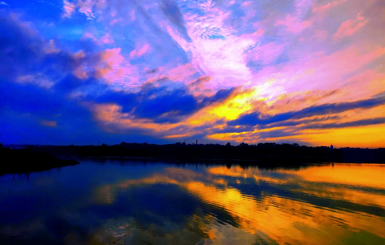 Фото обои Sky, Sun, Water, Sunrise, Dawn, Morning, Lake, Trees
