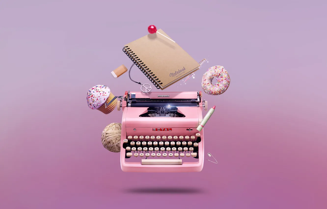 Фото обои ручка, печатная машинка, конфета, пончик, тетрадь, notebook, cupcake, кекс