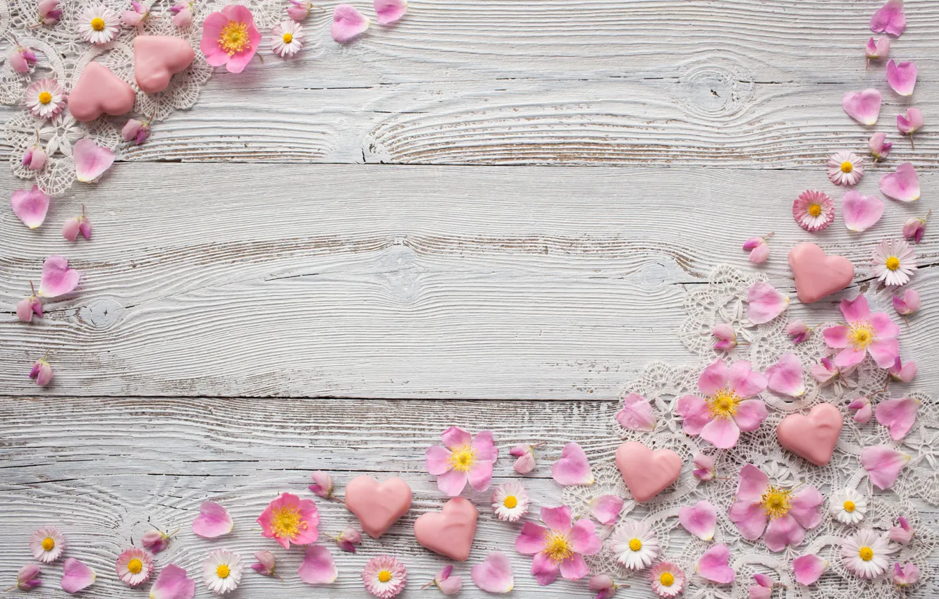 Фото обои цветы, ромашки, лепестки, сердечки, heart, pink, декор, decoration