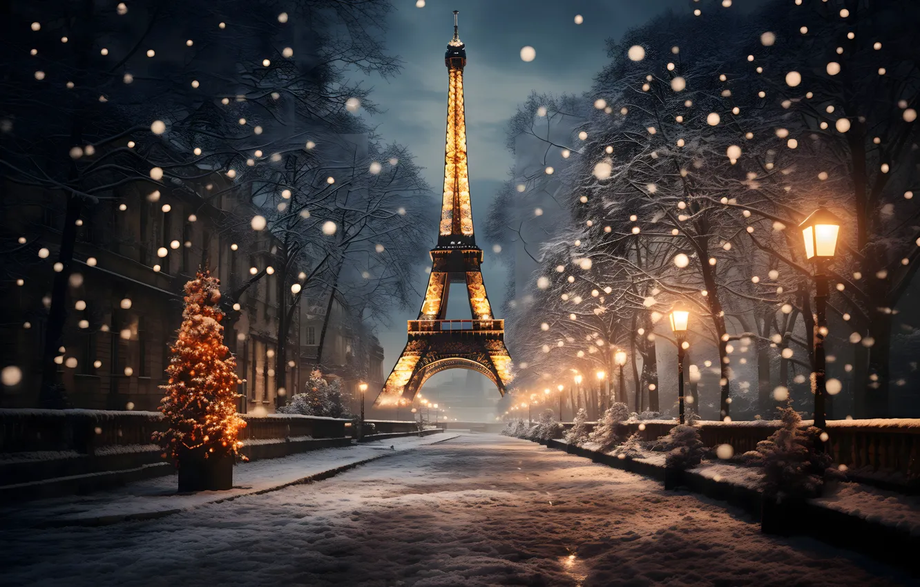 Фото обои зима, снег, украшения, ночь, city, город, lights, огни