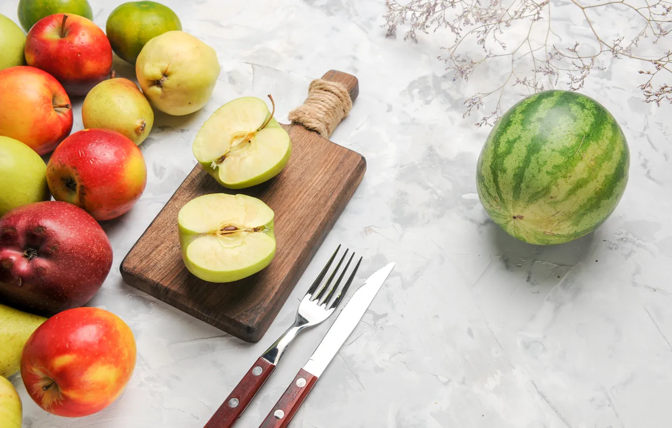 Фото обои яблоки, арбуз, фрукты, разное, айва, мандарины