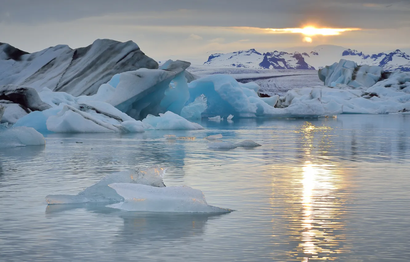 Фото обои лед, море, снег, закат, горы, отражение, зеркало, Арктика