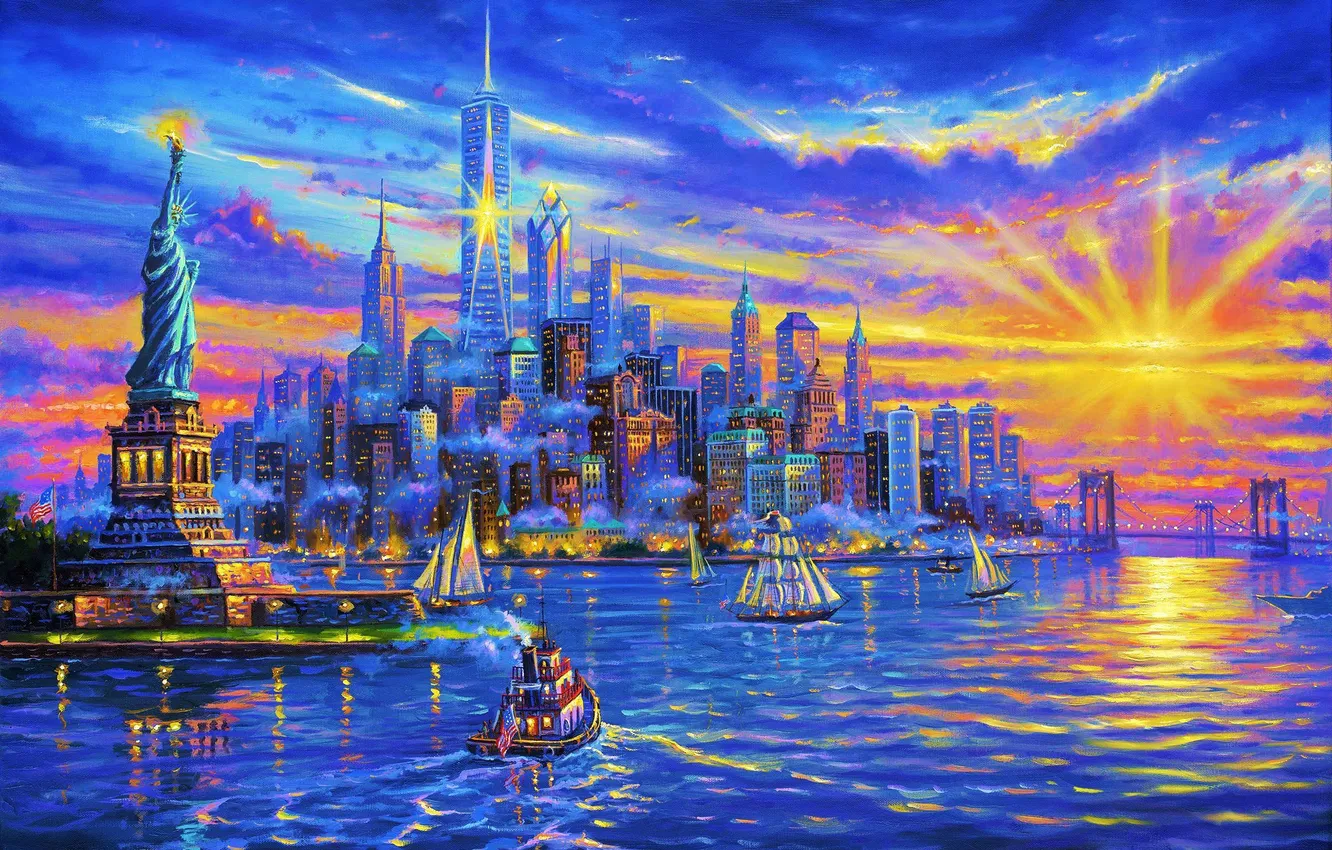 Фото обои солнце, корабли, Нью-Йорк, небоскребы, залив, USA, США, Статуя Свободы