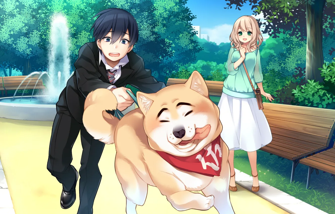 Фото обои девушка, собака, аниме, арт, парень