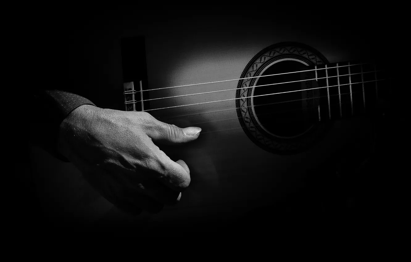Фото обои темнота, гитара, рука, струны, игрок