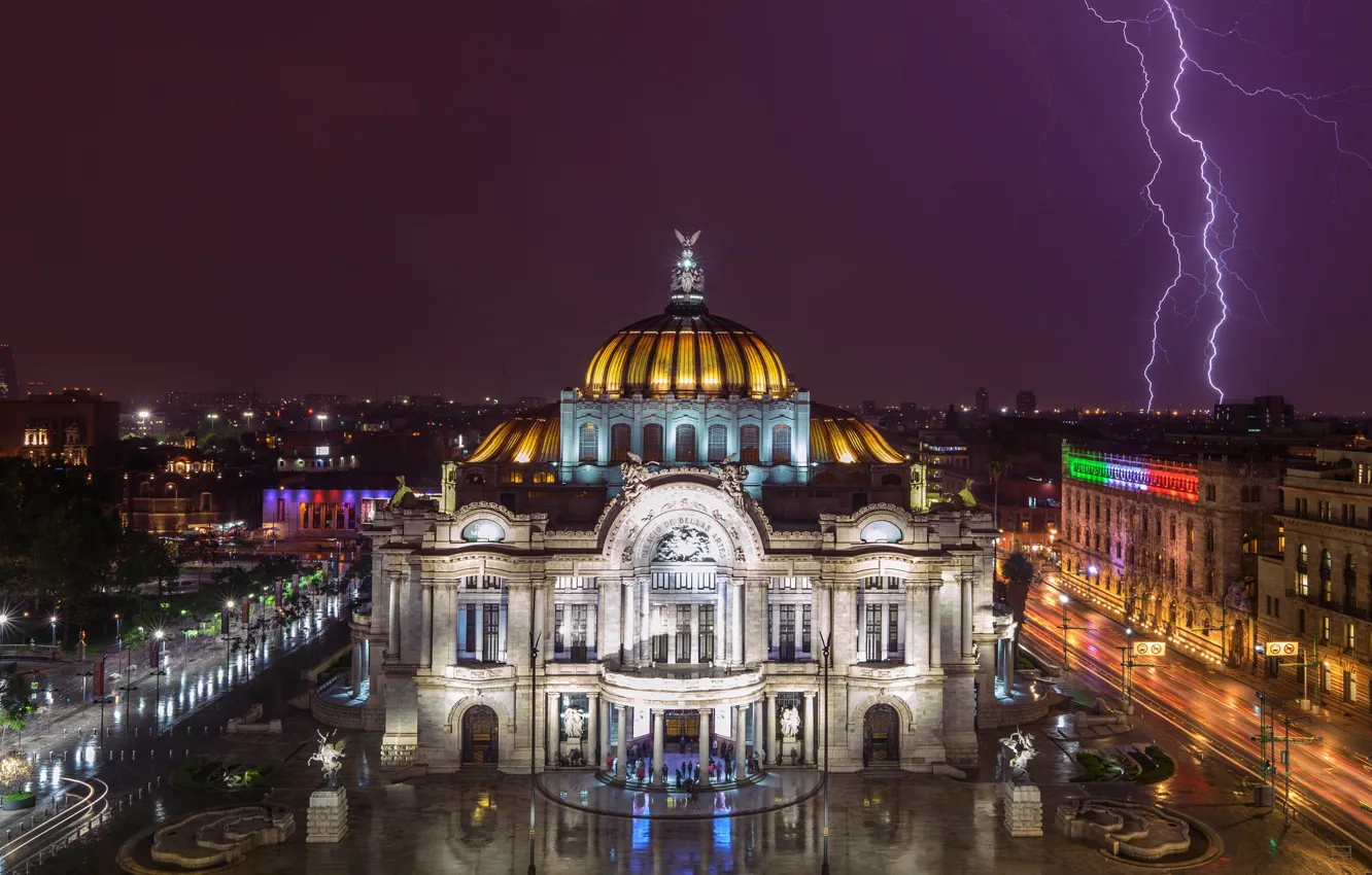 Фото обои lights, Mexico, lightning, night, people, Mexico City, Palacio de Bellas Artes