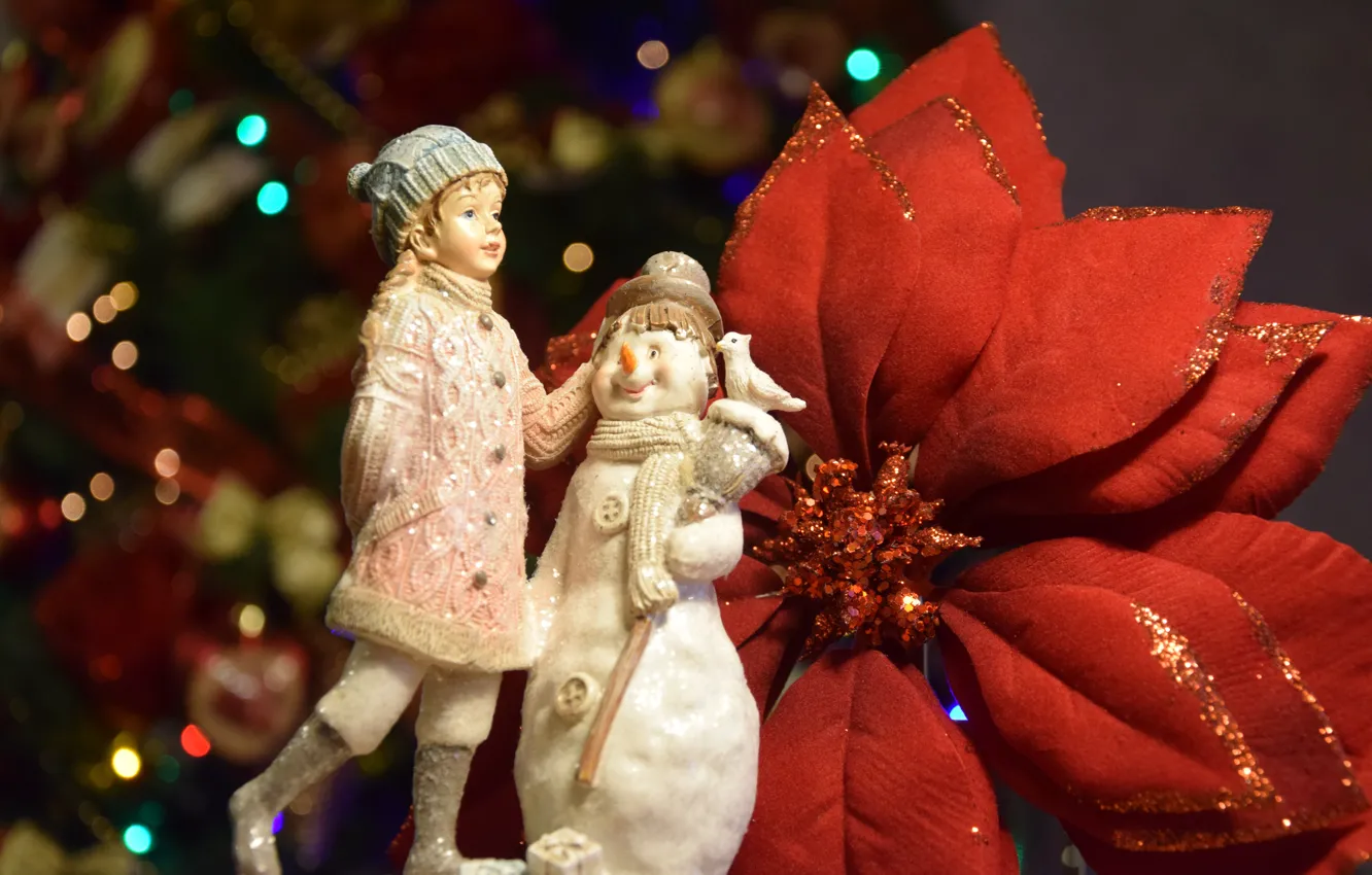 Фото обои цветок, красный, ретро, праздник, игрушки, куклы, лепестки, Рождество
