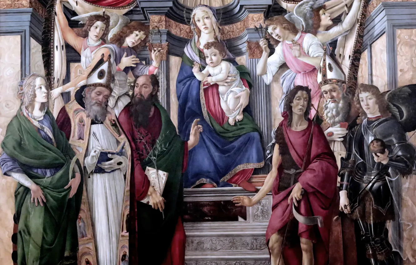 Фото обои картина, Флоренция, Сандро Боттичелли, Мадонна на троне с четырьмя ангелами и шестью святыми, великий итальянский …