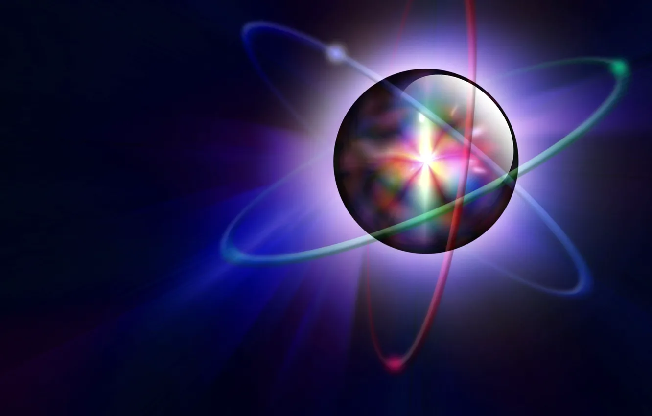 Фото обои свет, цвет, шар, орбита, атом, электрон