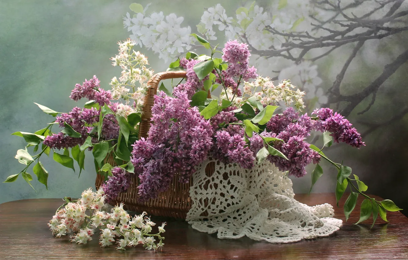 Фото обои цветы, корзина, весна, май, натюрморт, сирень, каштан, композиция