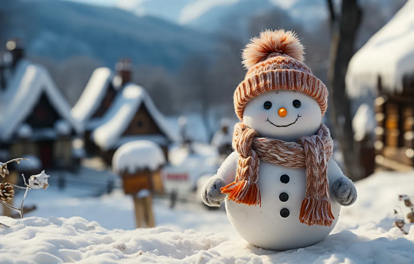 Фото обои зима, снег, Рождество, Новый год, снеговик, Christmas, winter, snow