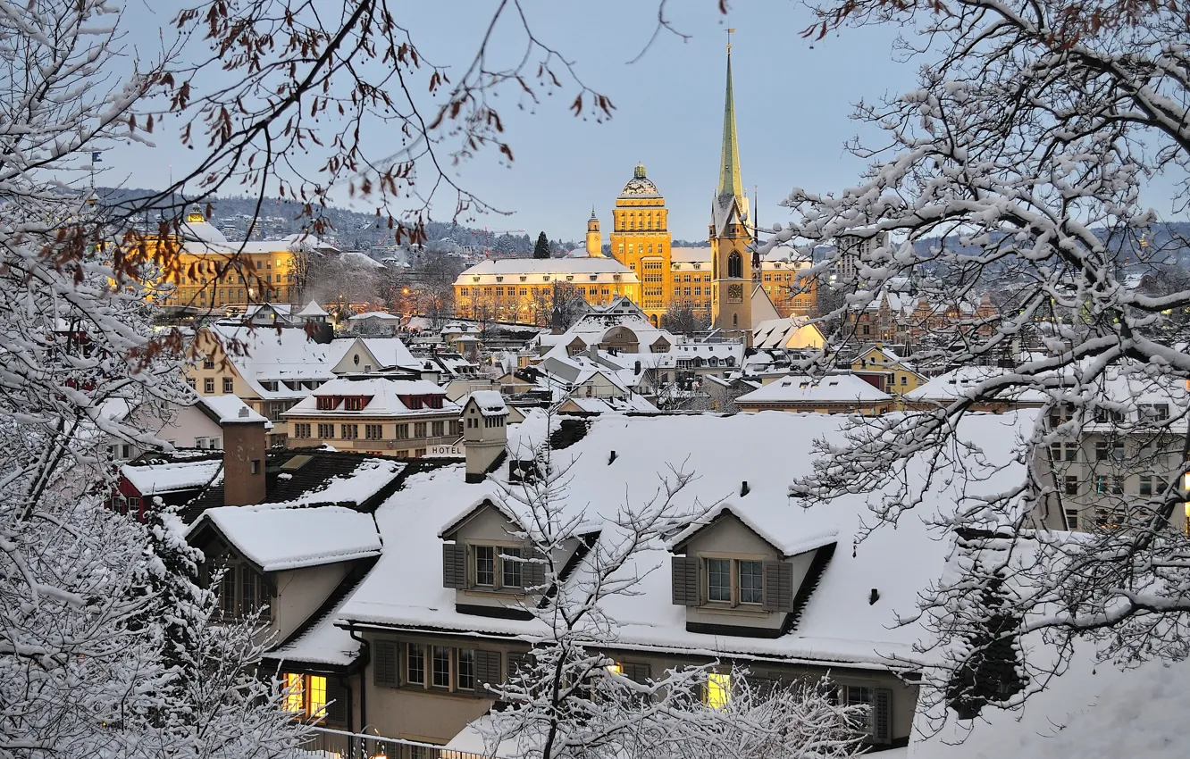 Фото обои зима, снег, ветки, здания, дома, Швейцария, крыши, Switzerland