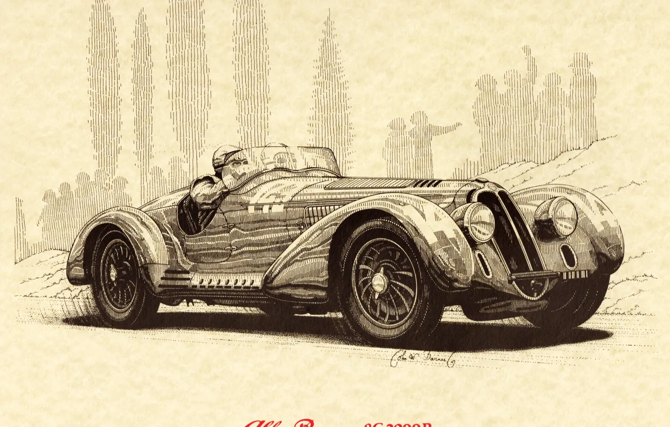 Фото обои Рисунок, Арт, Art, Alfa, Romeo, 1938, Mille, Альфа
