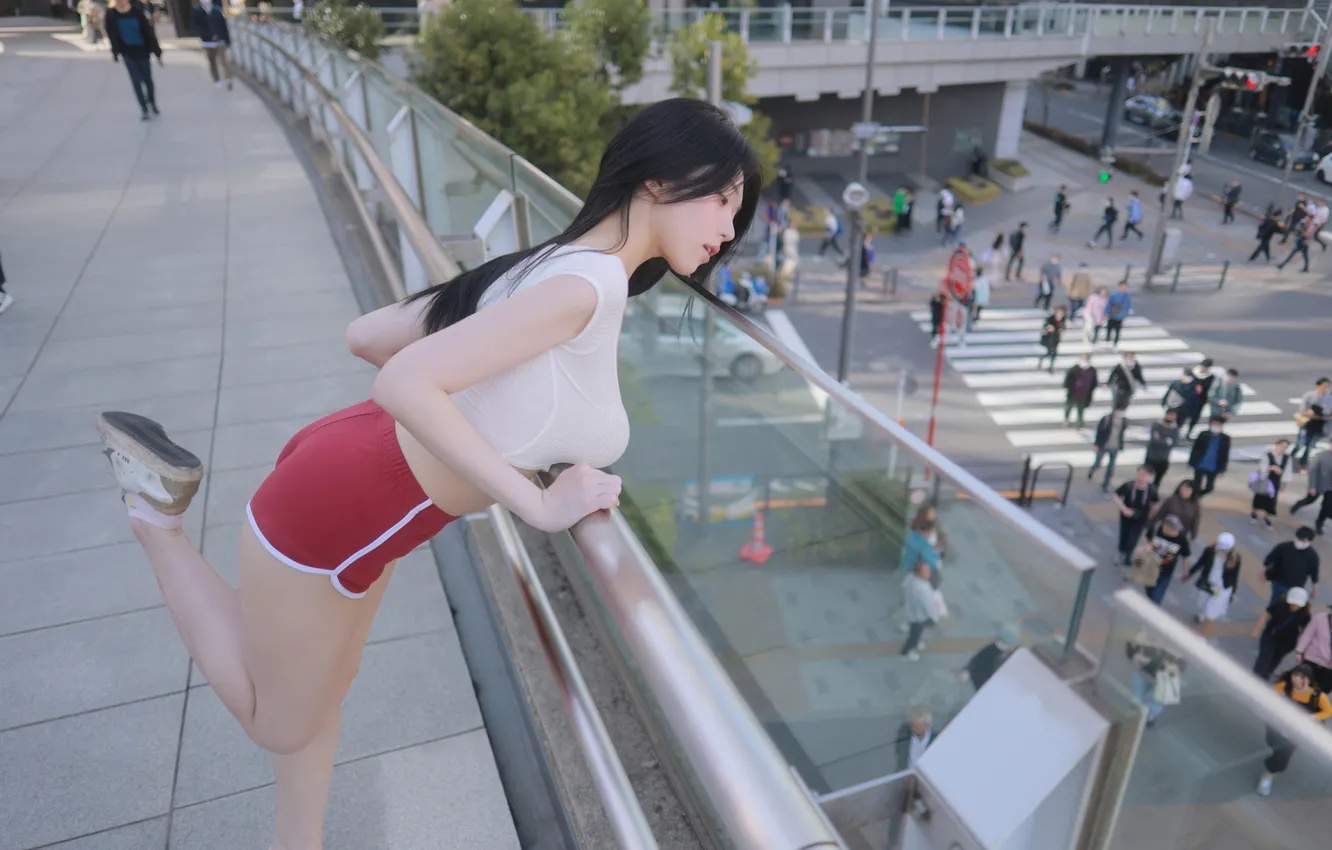 Фото обои Asian, long hair, model, women, black hair, no bra, Korean, railing