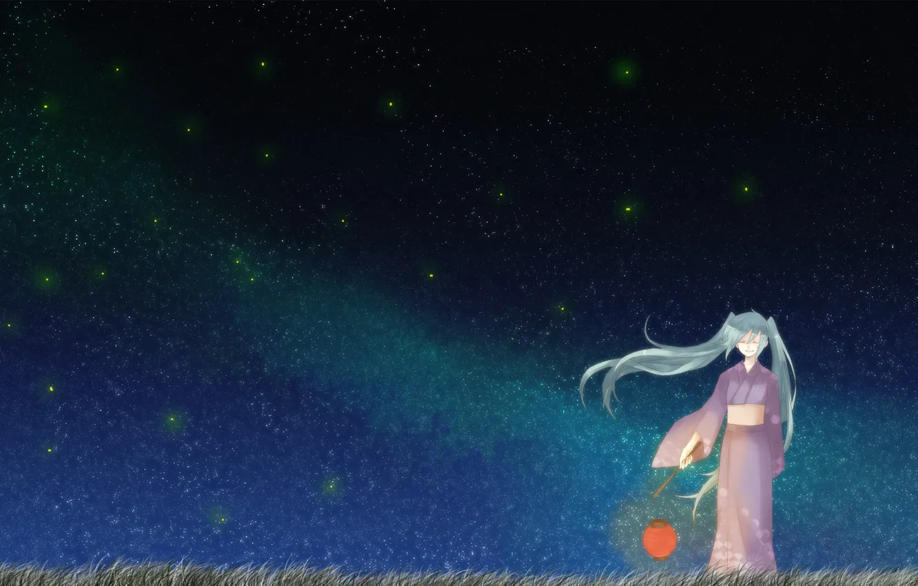 Фото обои небо, девушка, звезды, ночь, арт, фонарь, кимоно, vocaloid