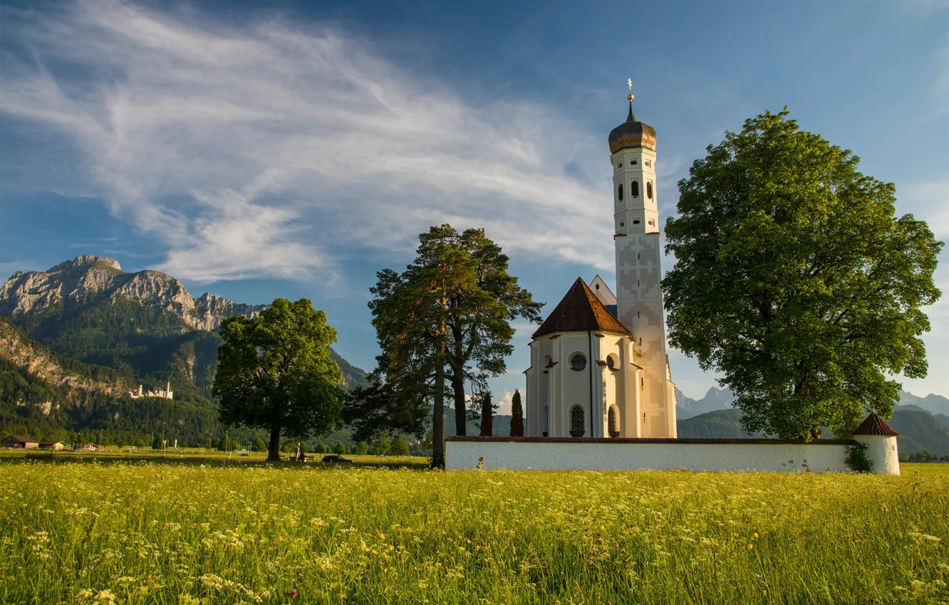 Фото обои деревья, горы, Германия, Бавария, Альпы, луг, церковь, Germany