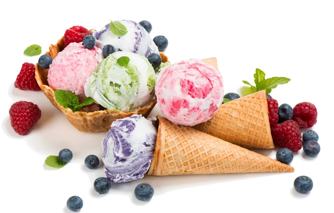 Фото обои ягоды, малина, черника, мороженое, рожок, blueberry, raspberry, фруктовое