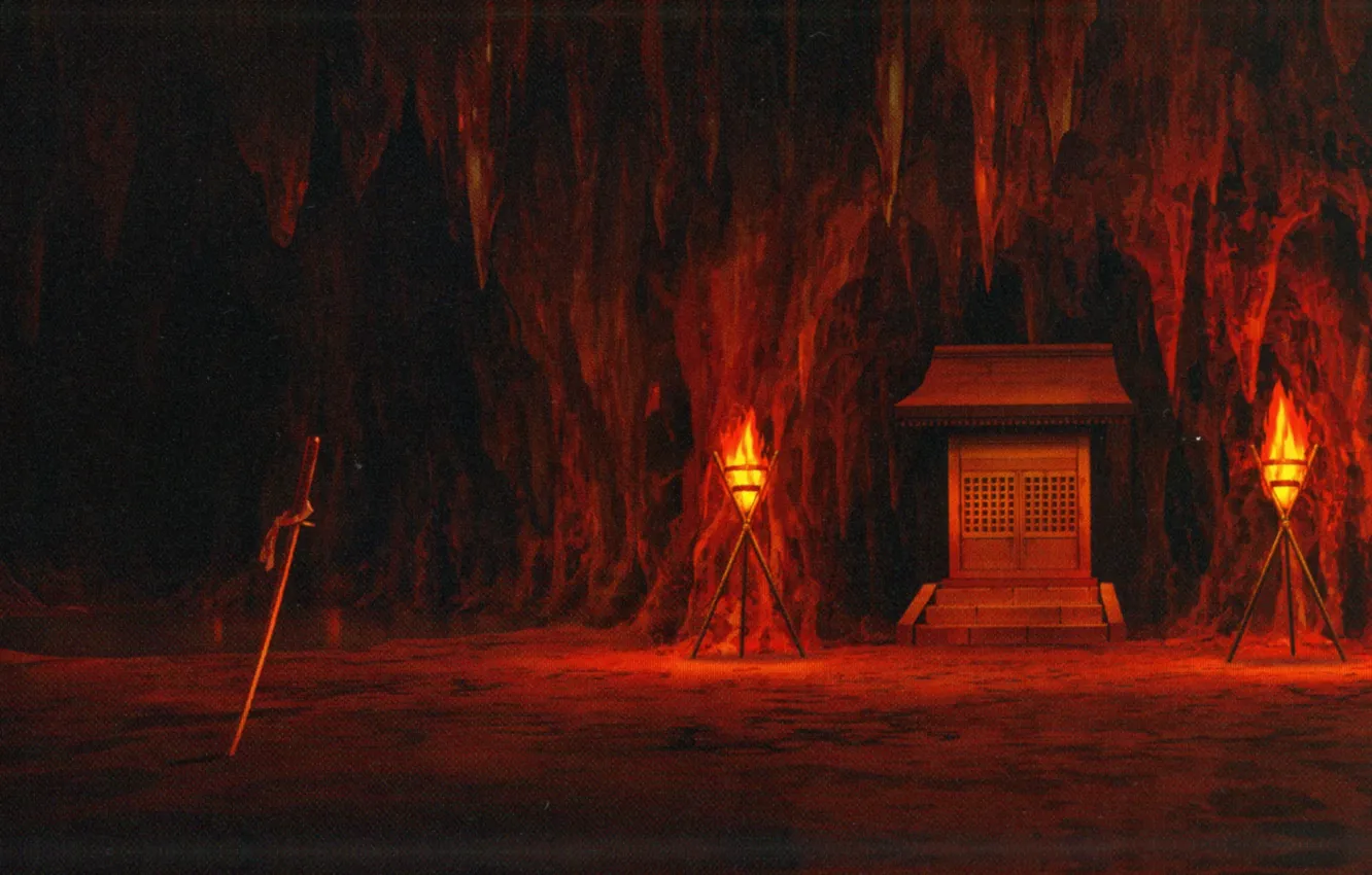 Фото обои катана, пещера, алтарь, факелы, святилище, в темноте, visual novel, сталагмиты