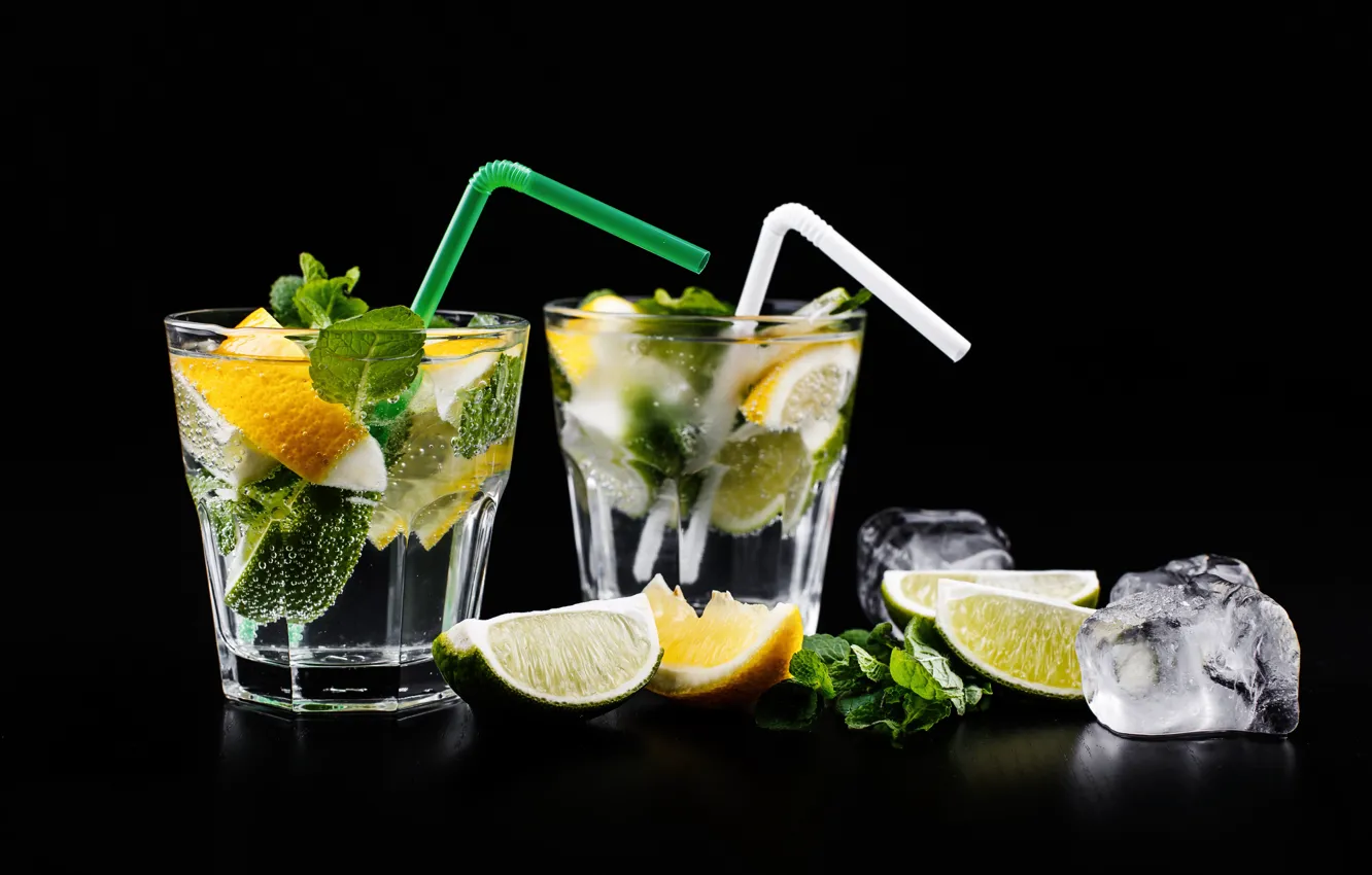 Фото обои лимон, лайм, стаканы, цитрус, напитки, трубочки, лимонад, кубики льда