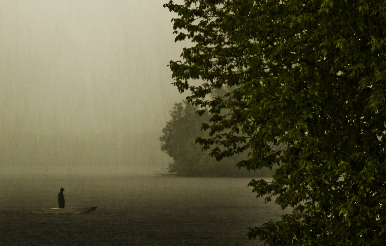 Фото обои озеро, дождь, настроение, лодка, вечер