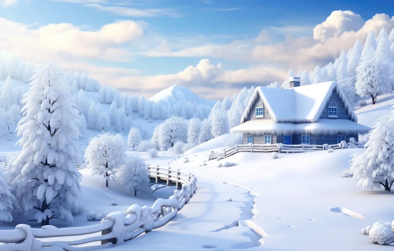 Фото обои зима, лес, снег, мороз, домик, house, хижина, rustic