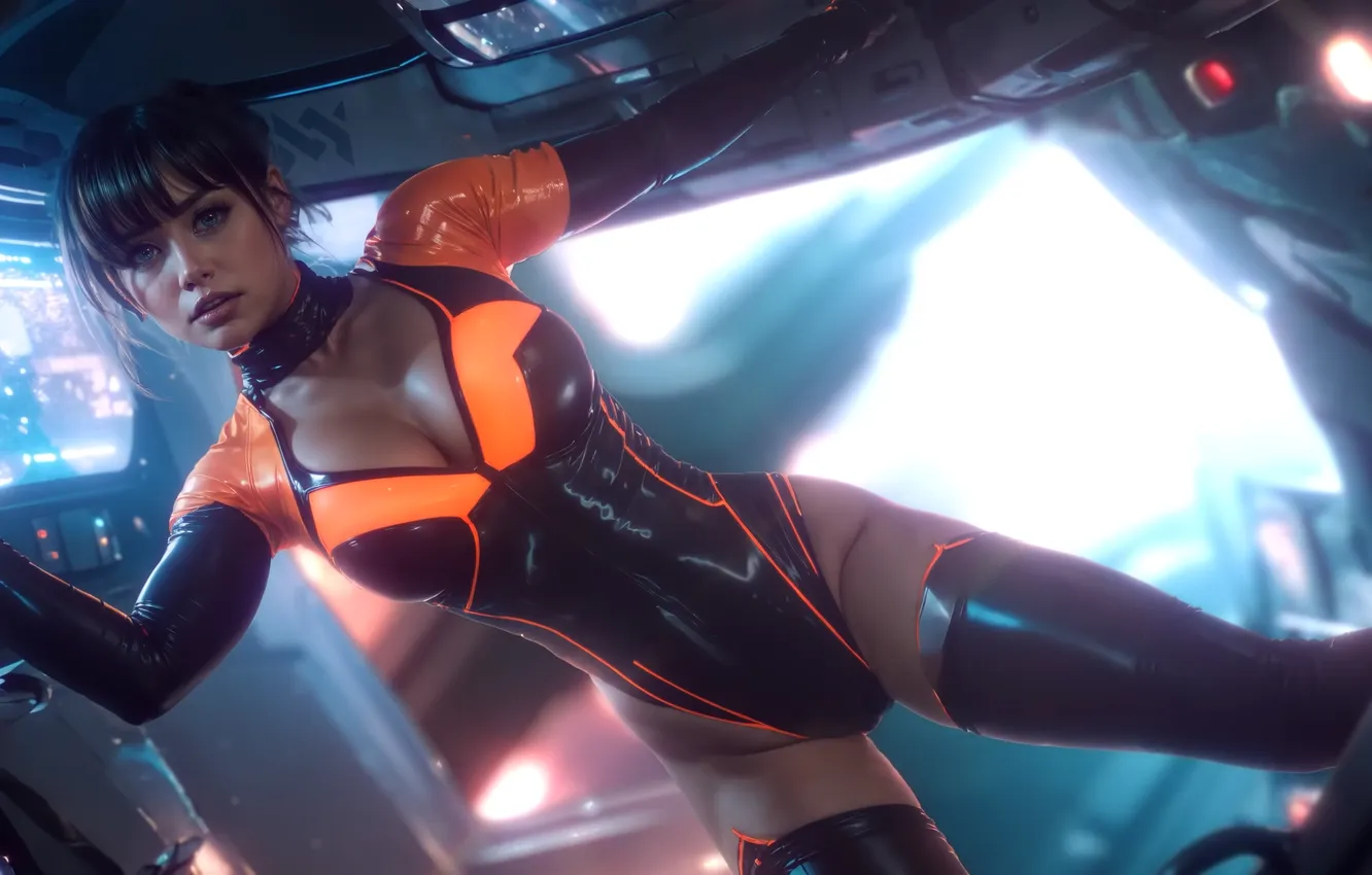 Фото обои stockings, science fiction, women, brunette, latex, Ana de Armas, Joi, AI art