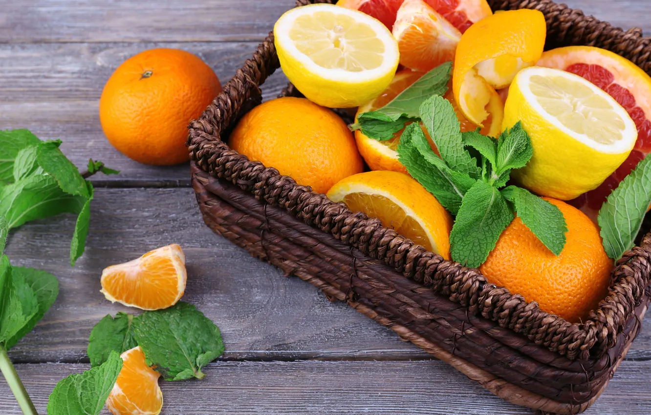 Фото обои апельсин, цитрусы, грейпфрут, дольки, мандарин, листья мяты