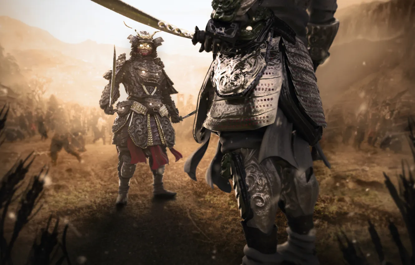 Фото обои меч, бой, воин, маска, самурай, шлем, броня, битва