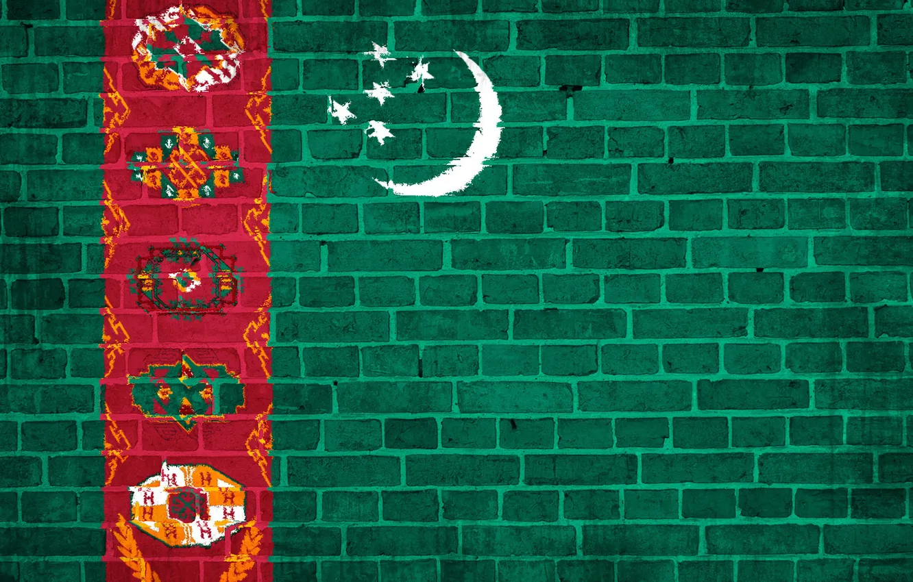 Фото обои стена, звёзды, флаг, кирпичи, Текстура, Туркменистан