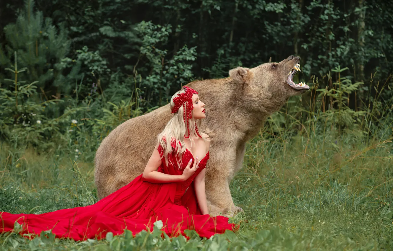 Фото обои девушка, природа, поза, стиль, поляна, медведь, пасть, блондинка