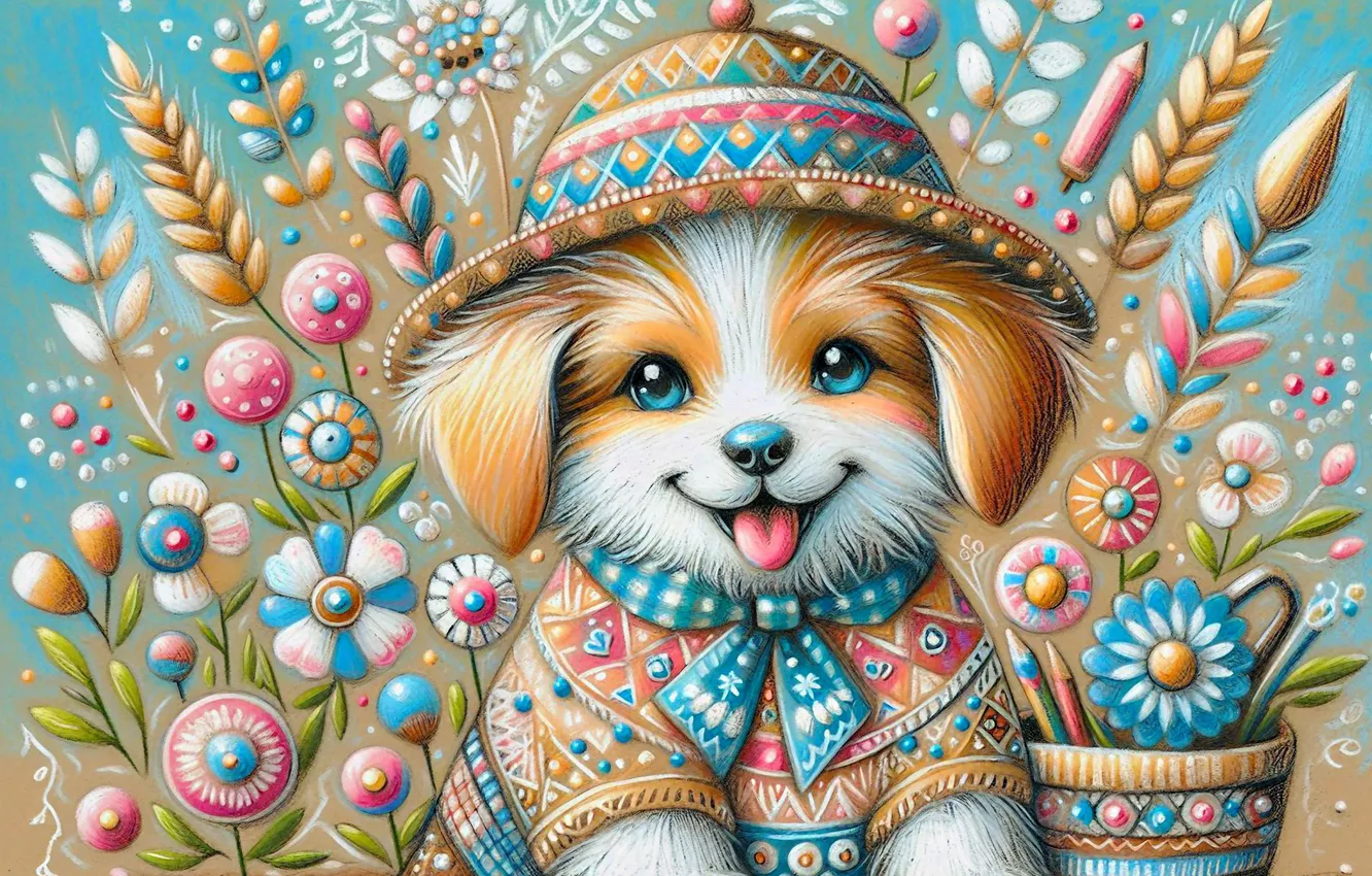 Фото обои язык, собака, стилизация, колоски, наряд, щенок, бантик, шапочка