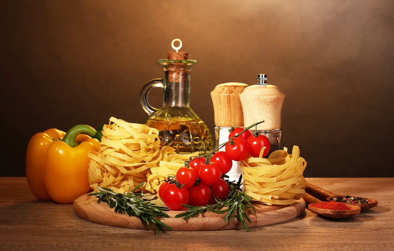 Фото обои масло, перец, помидоры, макароны