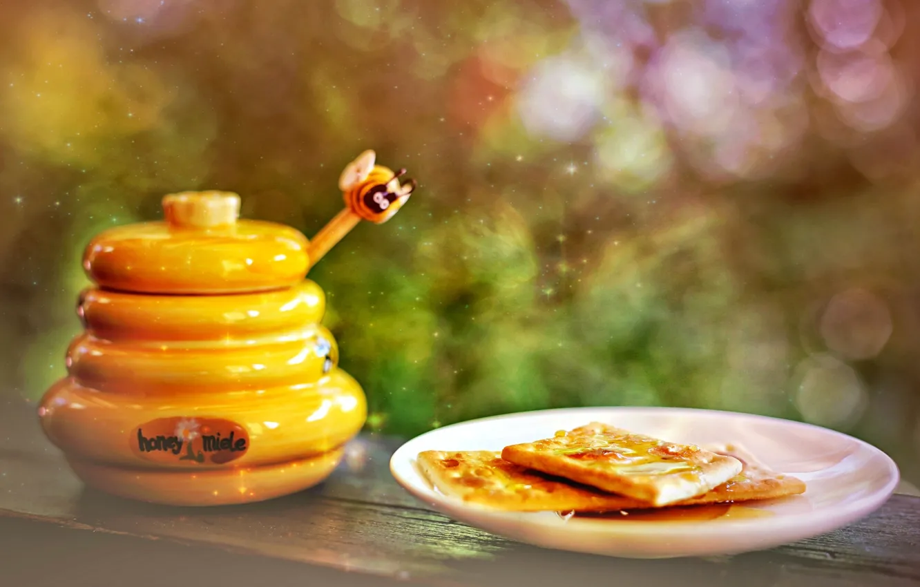 Фото обои печенье, мед, тарелка, мёд, сладкое, боке